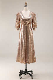 Sparkly Champagne Sequins Half Sleeves Long Formal Dress with Slit
