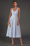 Blue Jacquard Floral Thick Straps A Line Midi Formal Dress