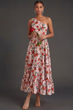 Pink Red Floral One Shoulder A Line Long Formal Dress