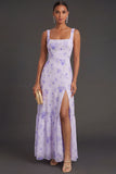 Floral Lilac Thick Straps Sheath Long Formal Dress with Slit