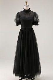 Black Long  High Neck A Line Evening Party Dress with Sleeves