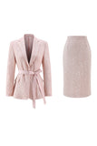 Sparkly Sequin Pink 2 Piece Pencil Midi Prom Suits with Sash