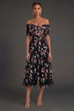 Black Floral A Line Embroidered Off the Shoulder Long Formal Dress