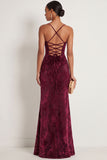Burgundy Sheath Spaghetti Straps Maxi Velvet Formal Dress
