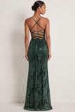 Dark Green Sheath Spaghetti Straps Maxi Velvet Bridesmaid Dress