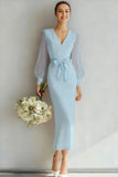 White V-Neck Sheath Long Sleeves Wedding Dress with Bow