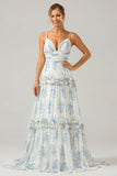 Spaghetti Strap Pleated Floral Ruffles Floor-Length Bridesmaid Dress