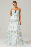 Grey Green A Line Backless Tulle Pleated Spaghetti Straps Long Bridesmaid Dress