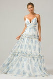 Grey Green A Line Backless Tulle Pleated Spaghetti Straps Long Bridesmaid Dress