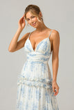 Grey Green A Line Backless Tulle Pleated Spaghetti Straps Long Bridesmaid Dress
