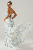 Grey Green A Line Backless Tulle Pleated Spaghetti Straps Long Bridesmaid Dress