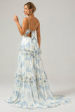 Spaghetti Strap Pleated Floral Ruffles Floor-Length Bridesmaid Dress