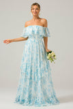 White Blue Off the Shoulder Ruffled Floral A Line Bridesmaid Dress