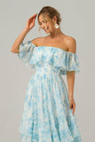 Off the Shoulder White Blue Ruffles Floral A Line Maxi Bridesmaid Dress