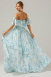 White Blue Off the Shoulder Ruffled Floral A Line Bridesmaid Dress