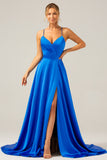Royal Blue A Line Spaghetti Straps Satin Prom Dress with Slit