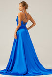 Royal Blue A Line Spaghetti Straps Satin Prom Dress with Slit