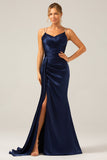 Mermaid Navy Spaghetti Straps Long Prom Dress With Slit