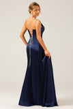 Mermaid Navy Spaghetti Straps Long Prom Dress With Slit