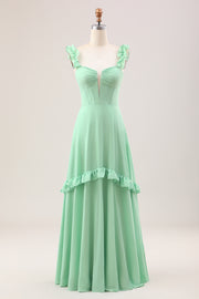 Spaghetti Straps Green Corset A Line Long Bridesmaid Dress