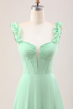 Spaghetti Straps Green Corset A Line Long Bridesmaid Dress