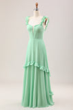 Spaghetti Straps Green Corset A Line Long Bridesmaid Dress