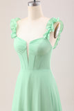 Spaghetti Straps Green Corset A Line Long Bridesmaid Dress