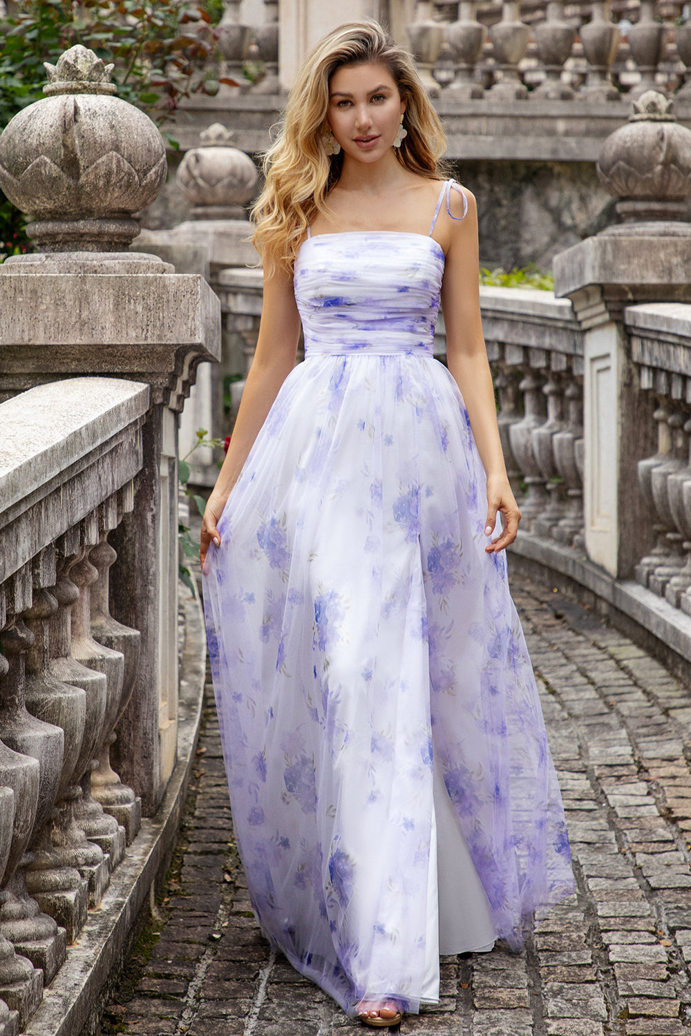 Leely Women Lavender Floral Print A-line Long Bridesmaid Dress with Slit Spaghetti Straps Pleated Long Formal Dress leelyuk Leely Women Lavender Floral Print A-line Long Bridesmaid Dress with Slit Spaghetti Straps Pleated Long Formal Dress leelyuk