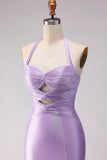 Sparkly Lilac Satin Mermaid Halter Neck Beaded Long Prom Dress with Slit