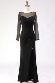 Black Maxi Mermaid Illusion Neck Ruched Formal Dress with Silt