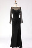 Black Maxi Mermaid Illusion Neck Ruched Formal Dress with Silt
