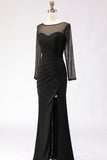 Black Maxi Mermaid Illusion Neck Ruched Formal Dress with Silt