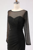 Black Maxi Mermaid Illusion Neck Ruched Formal Dress with Silt