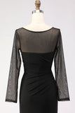 Black Maxi Mermaid Illusion Neck Ruched Formal Dress with Silt