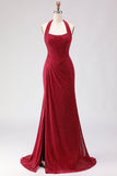 Sparkly Dark Red Beaded Halter Long Mermaid Prom Dress with Slit
