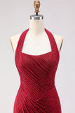 Sparkly Dark Red Beaded Halter Long Mermaid Prom Dress with Slit