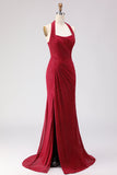 Sparkly Dark Red Beaded Halter Long Mermaid Prom Dress with Slit