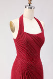 Sparkly Dark Red Beaded Halter Long Mermaid Prom Dress with Slit