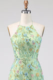 Green Floral A Line Embroidered Halter Neck Long Formal Dress