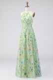 Green Floral A Line Embroidered Halter Neck Long Formal Dress
