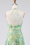Green Floral A Line Embroidered Halter Neck Long Formal Dress