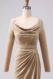 Light Beige Cowl Neck Velvet Sheath Maxi Formal Dress with Sleeves