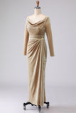 Light Beige Cowl Neck Velvet Sheath Maxi Formal Dress with Sleeves