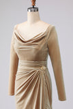 Light Beige Cowl Neck Velvet Sheath Maxi Formal Dress with Sleeves