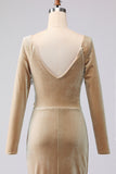 Light Beige Cowl Neck Velvet Sheath Maxi Formal Dress with Sleeves