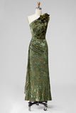 Army Green Mermaid Ruffled One Shoulder Long Wedding Guest Dress with 3D Flower