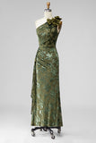 Army Green Mermaid Ruffled One Shoulder Long Wedding Guest Dress with 3D Flower
