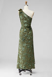 Army Green Mermaid Ruffled One Shoulder Long Wedding Guest Dress with 3D Flower