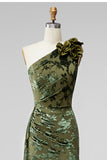 Army Green Mermaid Ruffled One Shoulder Long Wedding Guest Dress with 3D Flower
