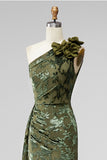 Army Green Mermaid Ruffled One Shoulder Long Wedding Guest Dress with 3D Flower